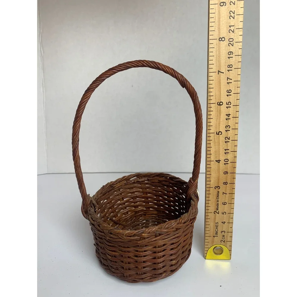 Vintage Dark Brown Round Wicker Basket with High Arched Handle Cottagecore Decor